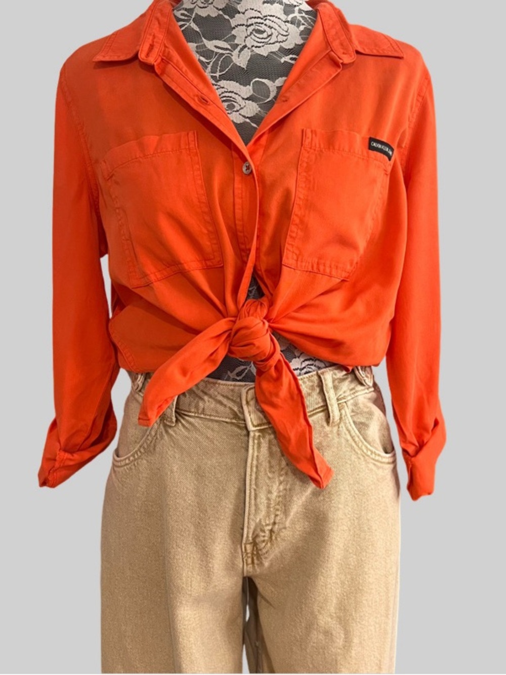 Calvin Klein Jeans Utility Shirt Tie Front Roll Tab Sleeve Habanero Size M NWT
